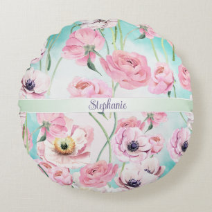 Beautiful Elegant Pink Floral Roses Monogram with  Round Pillow