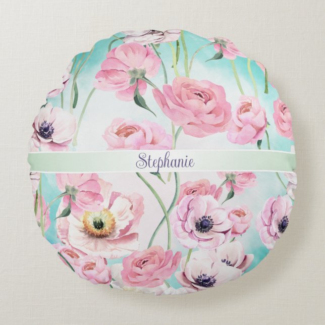 Beautiful Elegant Pink Floral Roses Monogram with  Round Pillow (Front)