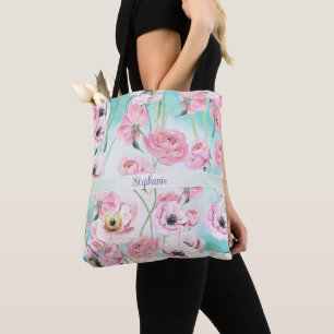 Beautiful Elegant Pink Floral Roses Monogram with Tote Bag