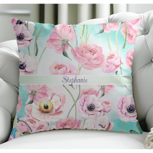 Beautiful Elegant Pink Floral Roses with Blue Sky Throw Pillow
