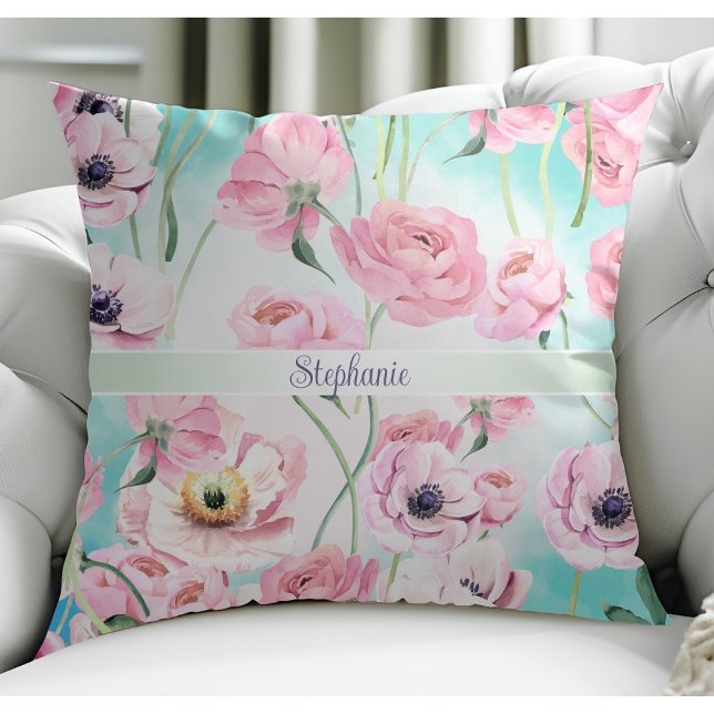 Beautiful Elegant Pink Floral Roses with Blue Sky Throw Pillow (Creator Uploaded)