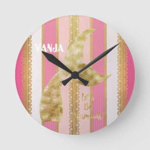 Beautiful elegant pink pattern and golden mermaid round clock