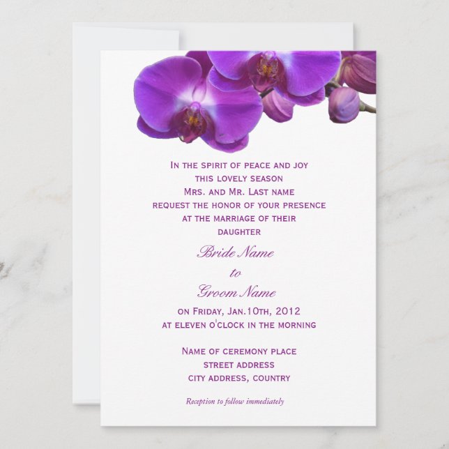 Beautiful, elegant, purple orchid flowers wedding invitation (Front)