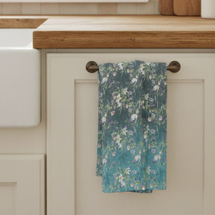 Beautiful Elegant Rustic Wildflowers On Teal Wood Kitchen Towel