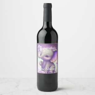 Beautiful Elephant purple Baby shower Wine Label