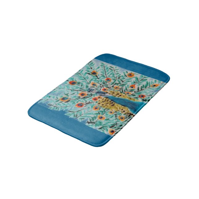 Beautiful Emerald Green and Turquoise Peacock Bath Mat (Angled)