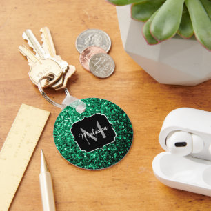 Beautiful Emerald Green glitter sparkles Monogram Keychain