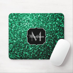 Beautiful Emerald Green glitter sparkles Monogram Mouse Pad