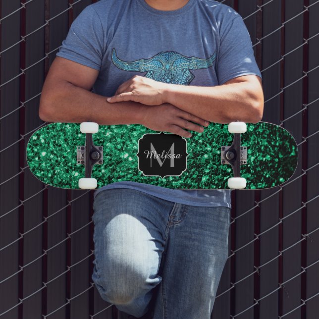 Beautiful Emerald Green glitter sparkles Monogram Skateboard (Outdoor 3)