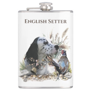 Beautiful English Setter with Pheasant , Art Hip Flask