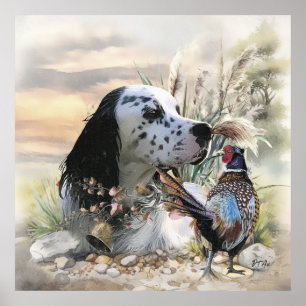 Beautiful English Setter with Pheasant , Art Poster