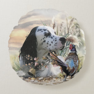 Beautiful English Setter with Pheasant , Art Round Pillow