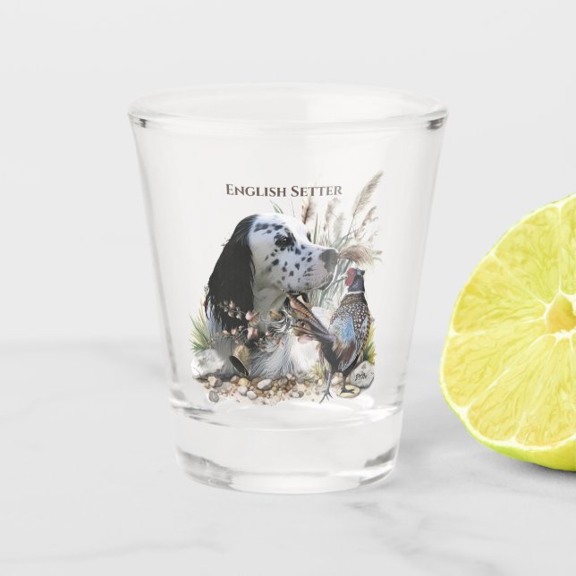 Beautiful English Setter with Pheasant ,  Art  Shot Glass (Front)