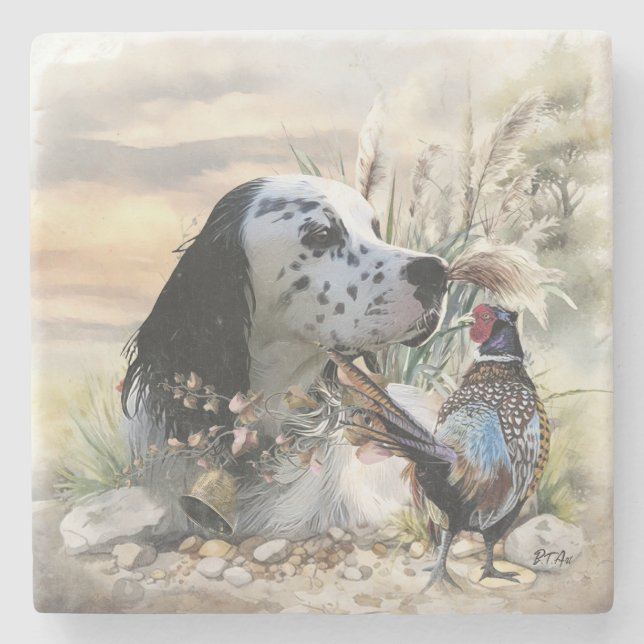 Beautiful English Setter with Pheasant ,  Art  Stone Coaster (Front)