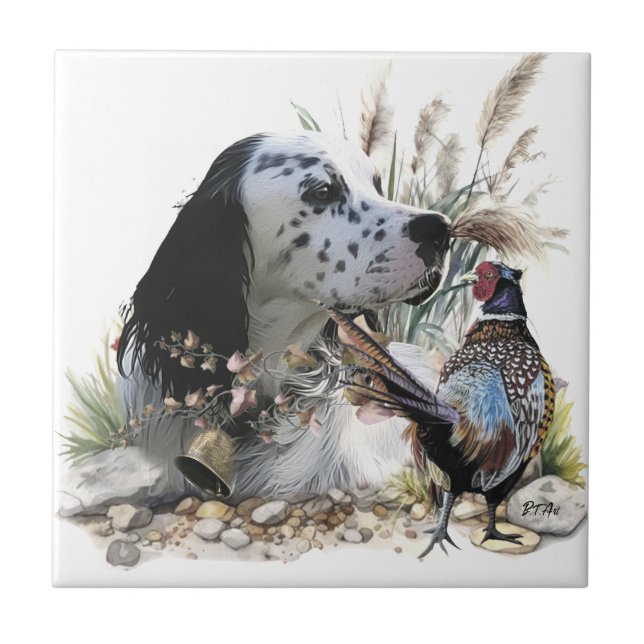 Beautiful English Setter with Pheasant ,  Art  Tile (Front)
