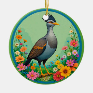 Beautiful Exotic Bird Resting Among Colourful Flow Ceramic Ornament