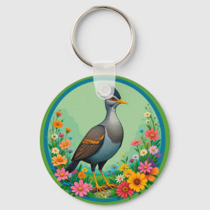 Beautiful Exotic Bird Resting Among Colourful Flow Keychain