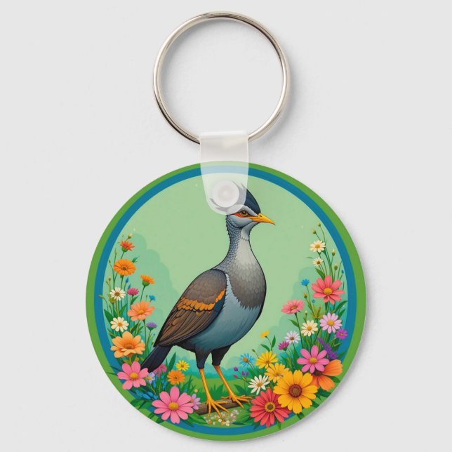 Beautiful Exotic Bird Resting Among Colourful Flow Keychain (Front)