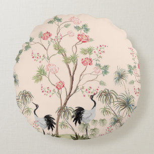 Beautiful exotic chinoiserie wallpaper. Hand drawn Round Pillow