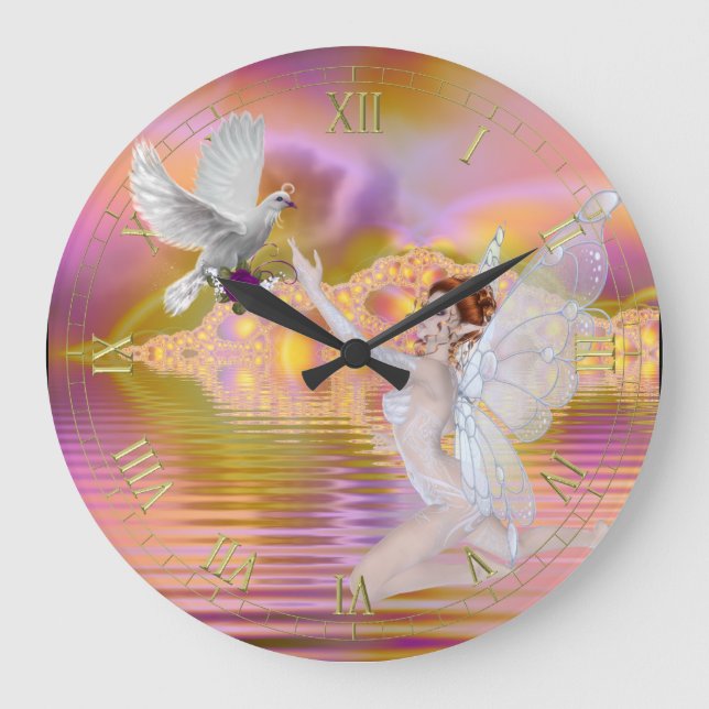 Beautiful Faerie and Dove Fractal Water Wall Clock (Front)