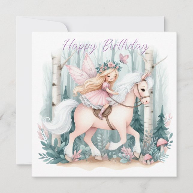 Beautiful fairy girl riding in an enchanted forest holiday card (Front)