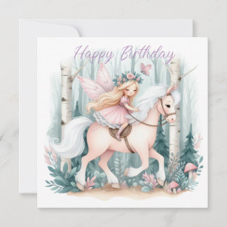 Beautiful fairy girl riding in an enchanted forest holiday card