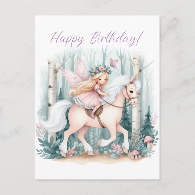 Beautiful fairy girl riding in an enchanted forest postcard (Front)
