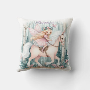 Beautiful fairy girl riding in an enchanted forest throw pillow