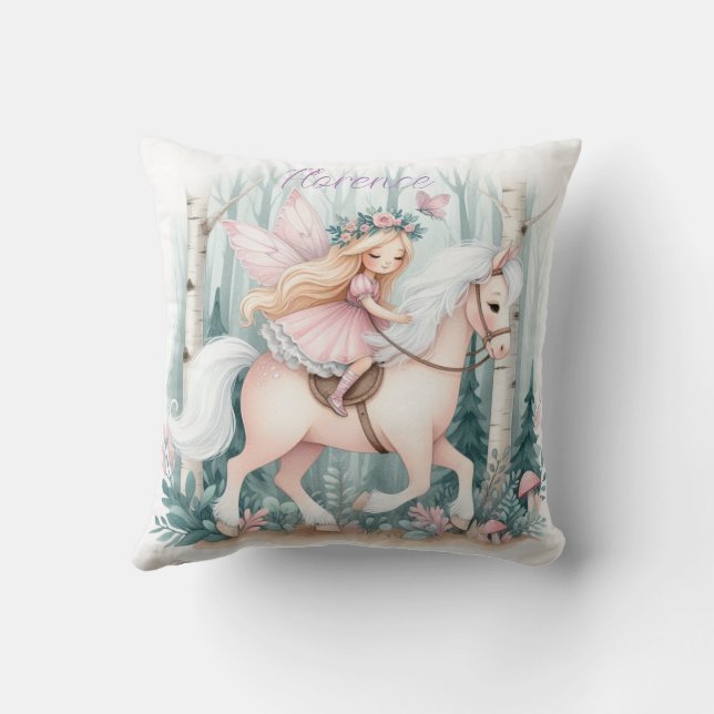 Beautiful fairy girl riding in an enchanted forest throw pillow (Back)