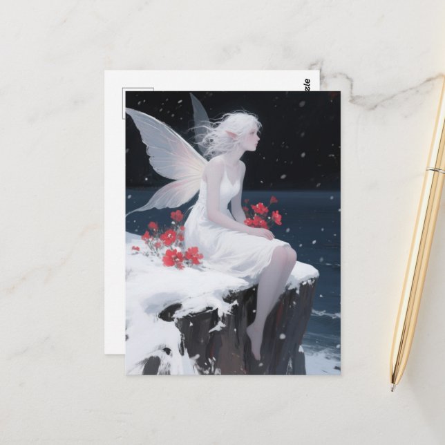 Beautiful Fairy in White Dress Sitting on a Cliff Postcard (Front/Back In Situ)