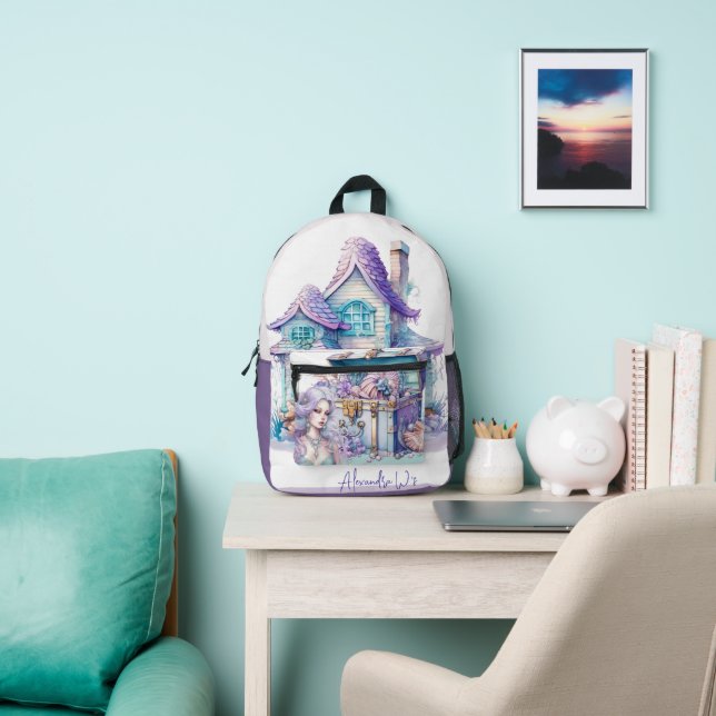 Beautiful fairy mermaid teal purple custom name printed backpack (Insitu)