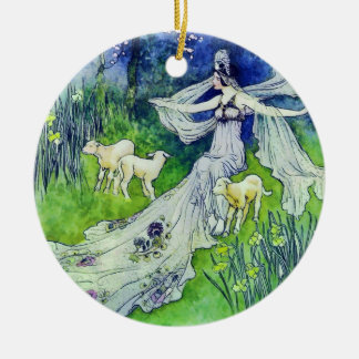 Beautiful Fairy with Lambs, Warwick Goble Art Ceramic Ornament