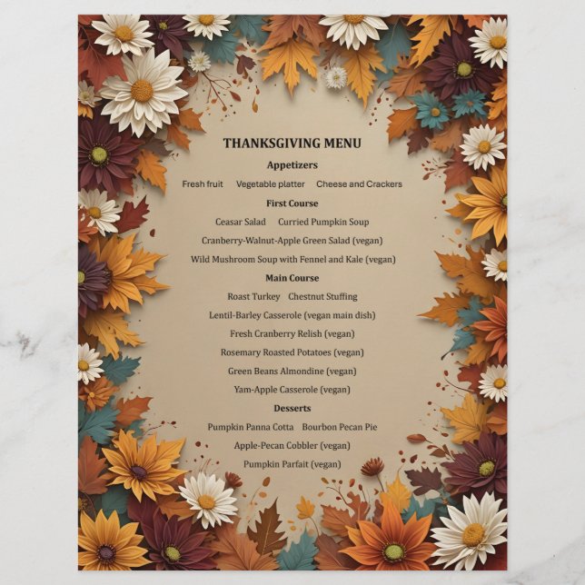 Beautiful Fall Flowers Leaves Menu Invitation Letterhead (Front)