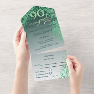 Beautiful Falling Green Glitter 90th Birthday  All In One Invitation