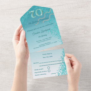 Beautiful Falling Teal Blue Glitter 70th Birthday  All In One Invitation