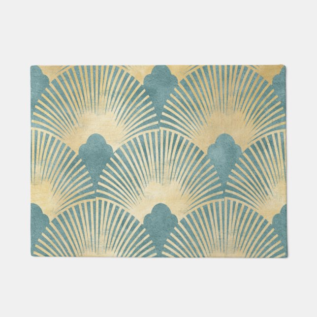 Beautiful fan pattern,teal gold,Art Deco pattern,c Doormat (Front)