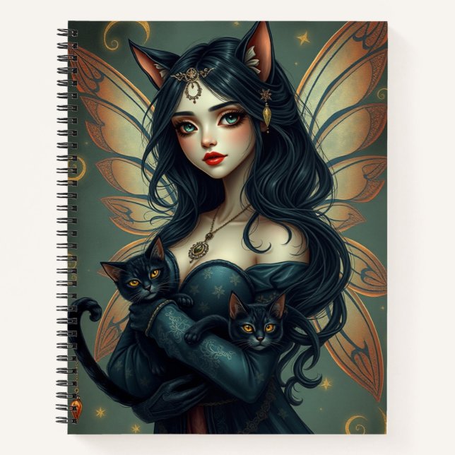 Beautiful Fantasy Cat Fairy Art Notebook (Front)