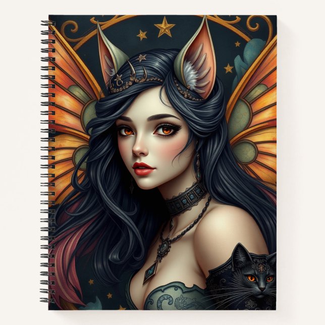 Beautiful Fantasy Cat Fairy Art Notebook (Front)