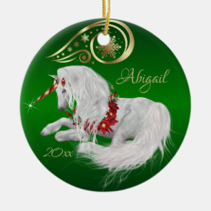 Beautiful Fantasy Christmas Unicorn Joy Green Ceramic Ornament