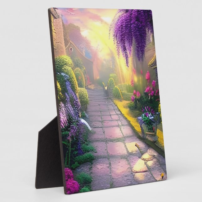 Beautiful Fantasy Cottage Garden Path Tabletop Plaque (Side)