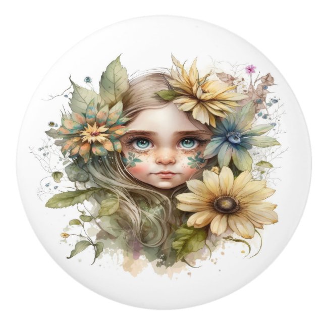 Beautiful Fantasy Floral Fairies Series  Ceramic Knob (Front)
