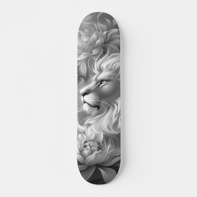 Beautiful Fantasy Grey Scale Lion & Florals  Skateboard (Front)