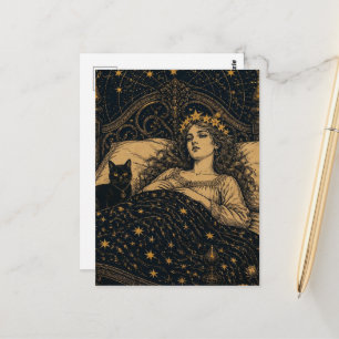 Beautiful Fantasy Queen and Her Black Cat in Bed Postcard