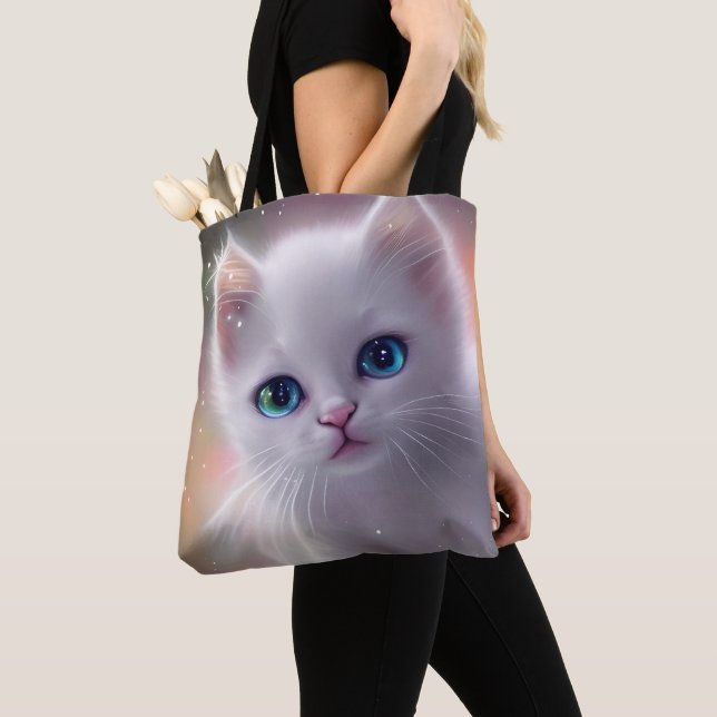 Beautiful Fantasy White Fluffy Cat  Tote Bag (Close Up)