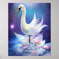 Beautiful Fantasy White Swan with Flowers