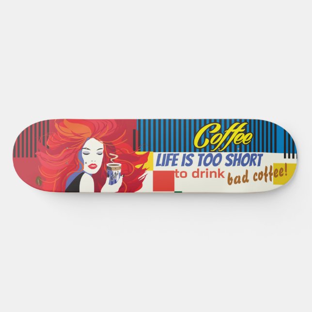 "Beautiful Fashion Woman and Coffee Cup" POP-ART Skateboard (Horz)