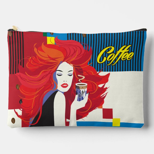 "Beautiful Fashion Woman with Coffee Cup" Pop Art Accessory Pouch (Front)
