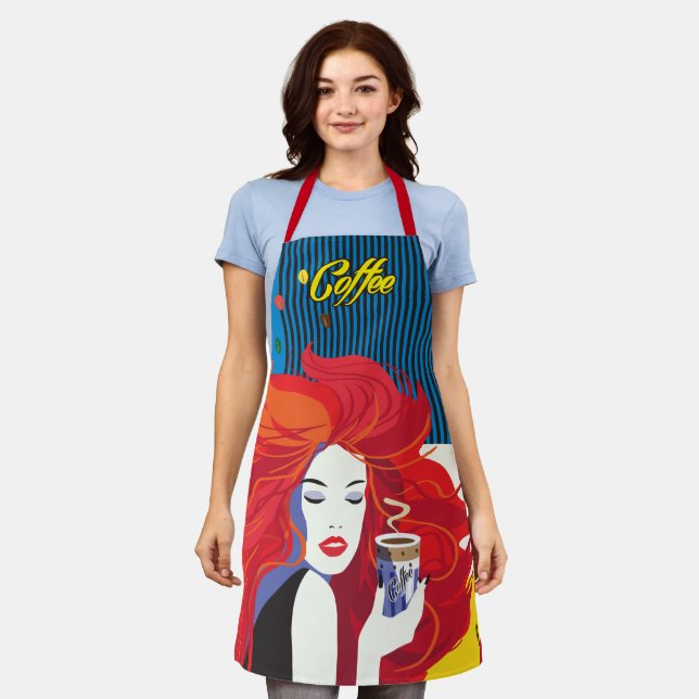 "Beautiful Fashion Woman with Coffee Cup" Pop Art Apron (Worn)