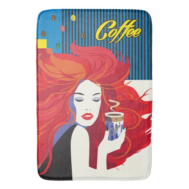 "Beautiful Fashion Woman with Coffee Cup" Pop Art Bath Mat (Front Vertical)
