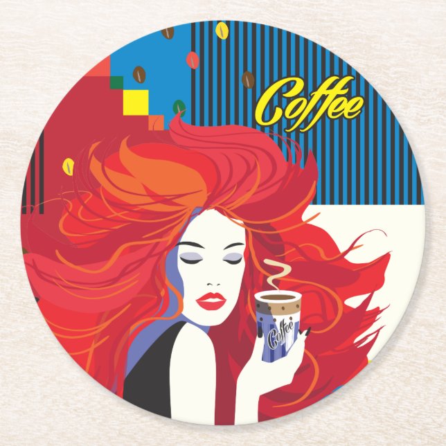 "Beautiful Fashion Woman with Coffee Cup" Pop Art Round Paper Coaster (Front)